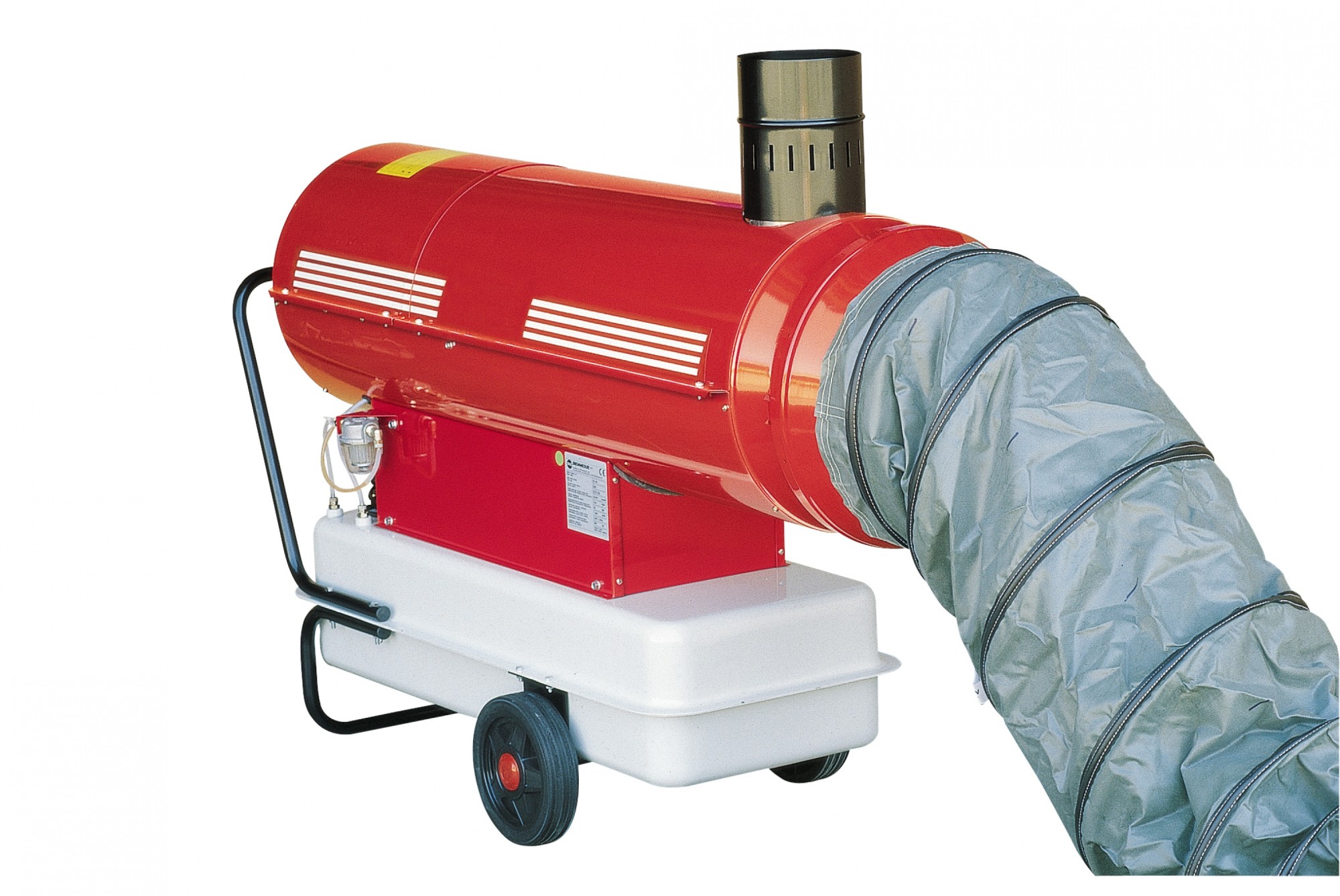 Sistema di riscaldamento ad aria calda. Il generatore è posto all'esterno  della tenda e la guain flessibile viene inserita nella manichetta di colleg